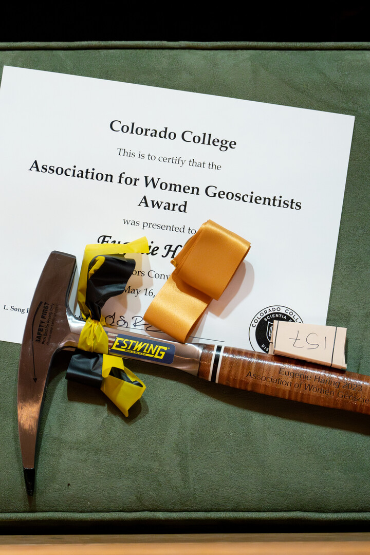The award Eugenie Haring ’24 received as one of the winners of the Association for Women Geoscientists Award at this year’s Honors Convocation on May 16, 2023. Photo by Lonnie Timmons III / Colorado College.
